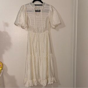 Moon River Cream Long Sleeve Dress with Tie Neck